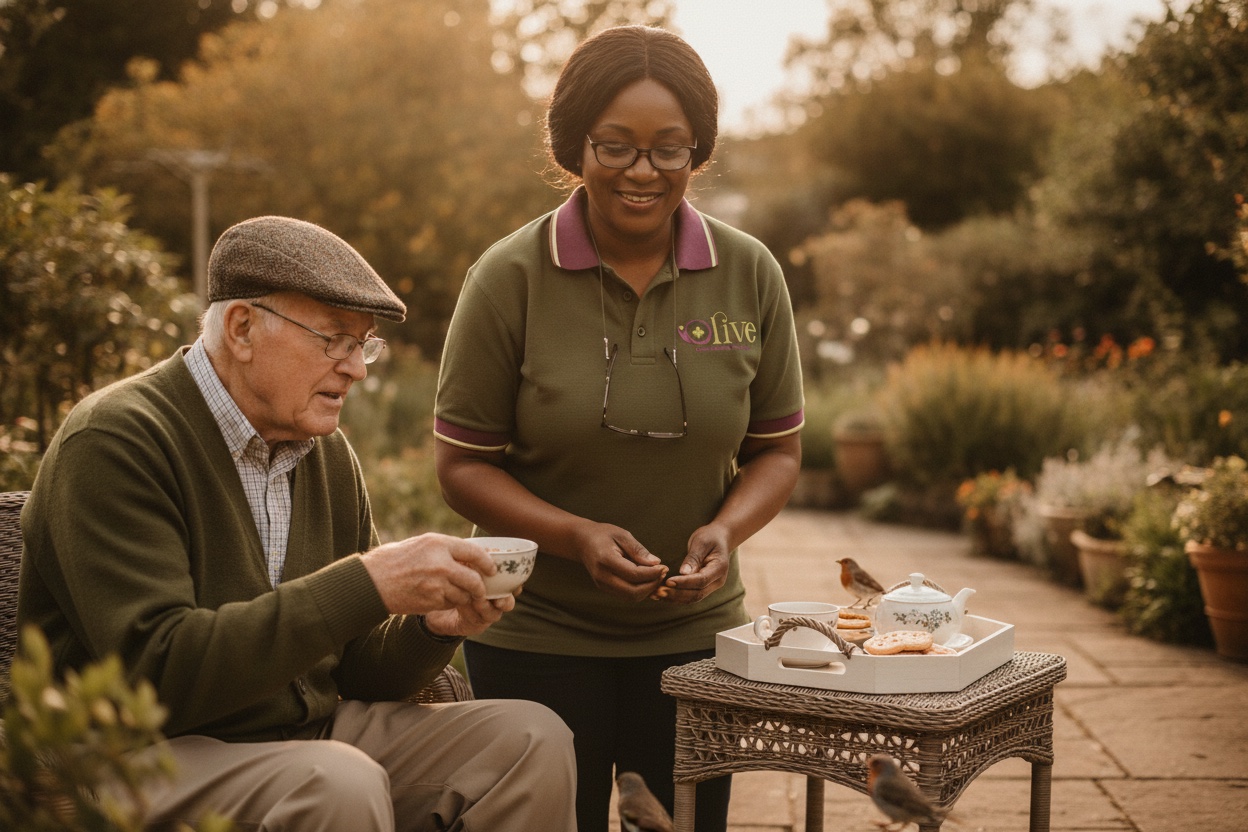 A carer in the garden with an elderly man.