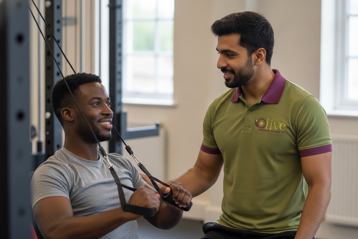 A support worker helping a younger adult with gentle exercise.