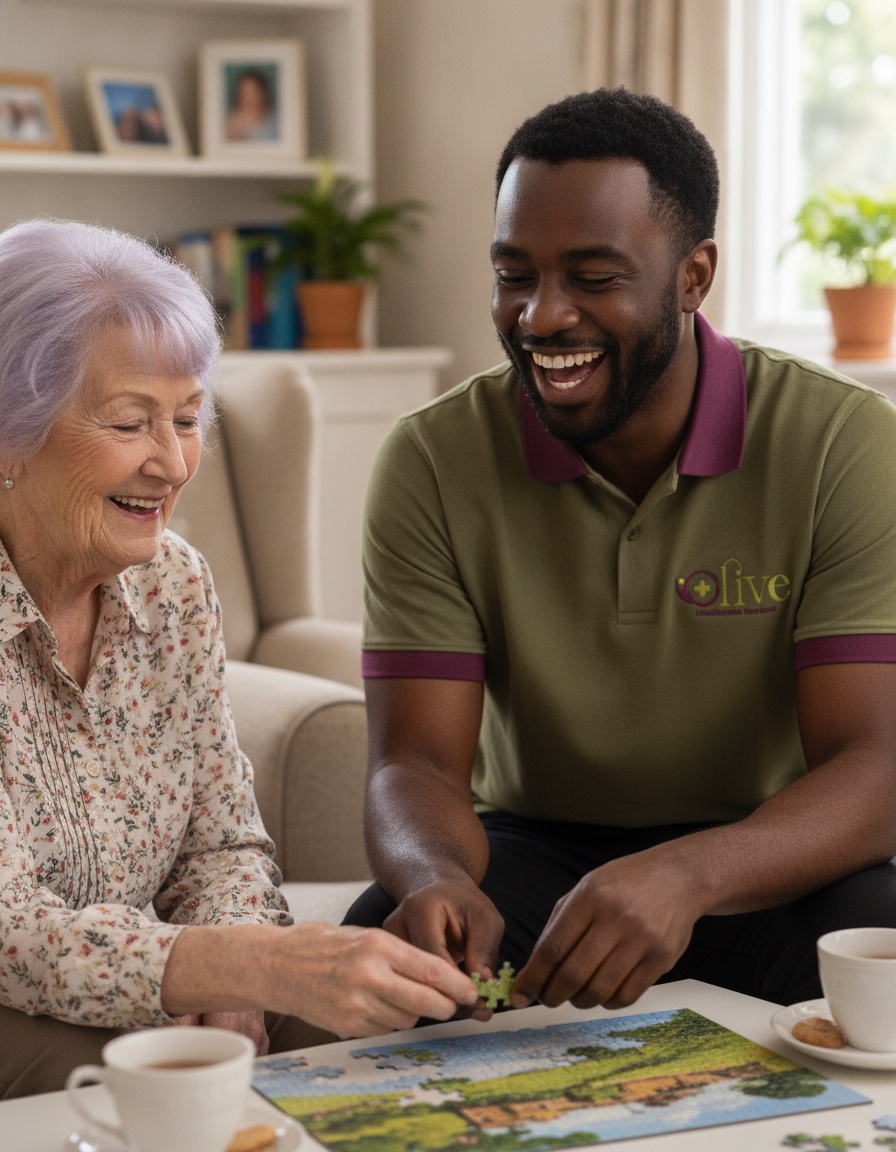 A carer sharing a laugh with an elderly client.