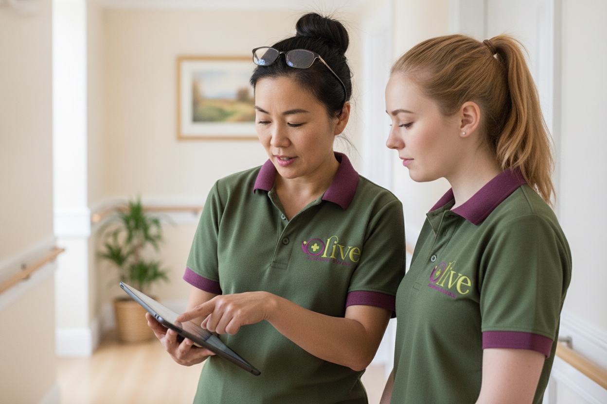 A senior carer mentoring a colleague.