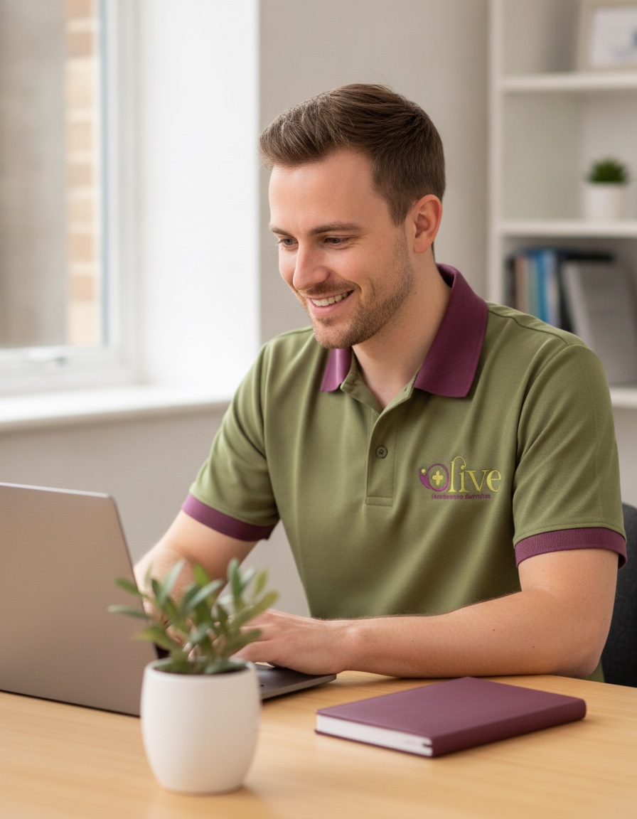 A team member responding to a care enquiry at a desk.