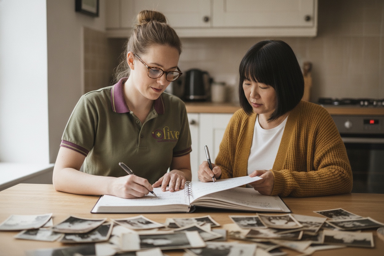 A carer and a family member working through a care plan together.
