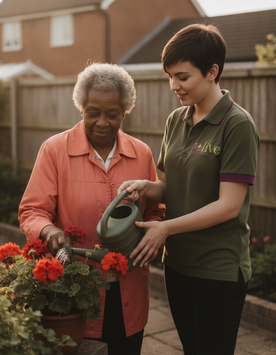 A carer gardening with an elderly woman.