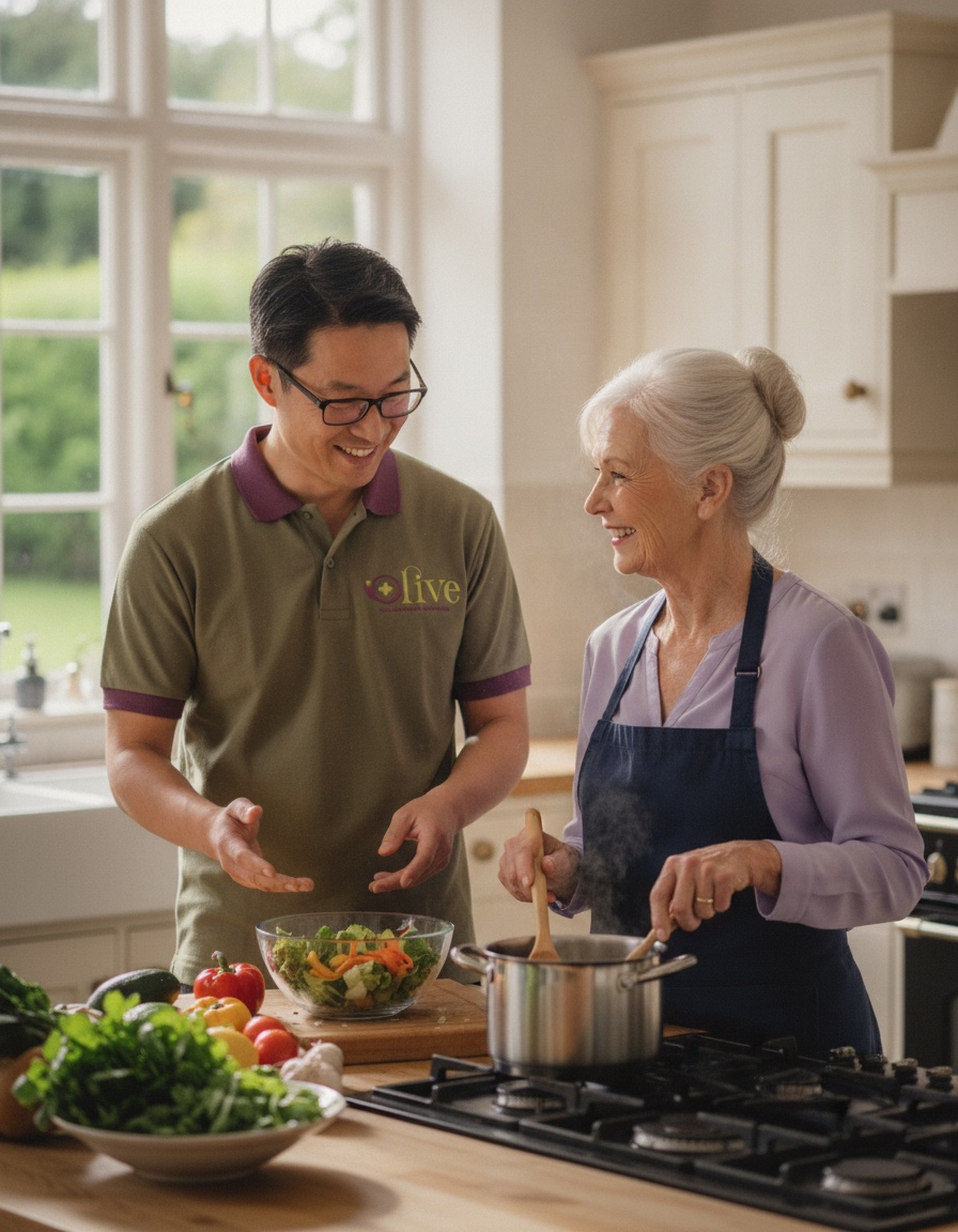 A carer preparing a meal with an elderly woman.
