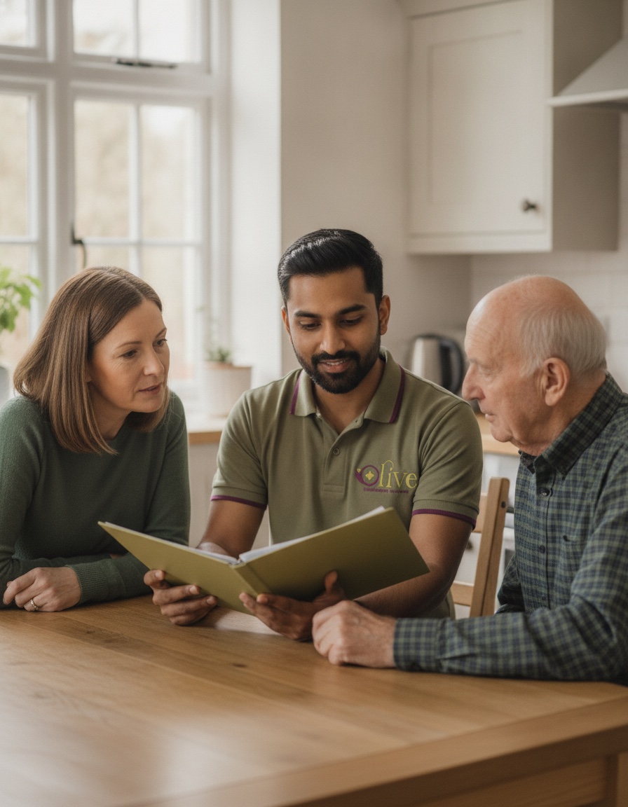 A senior team member reviewing a care plan with a family at their kitchen table.
