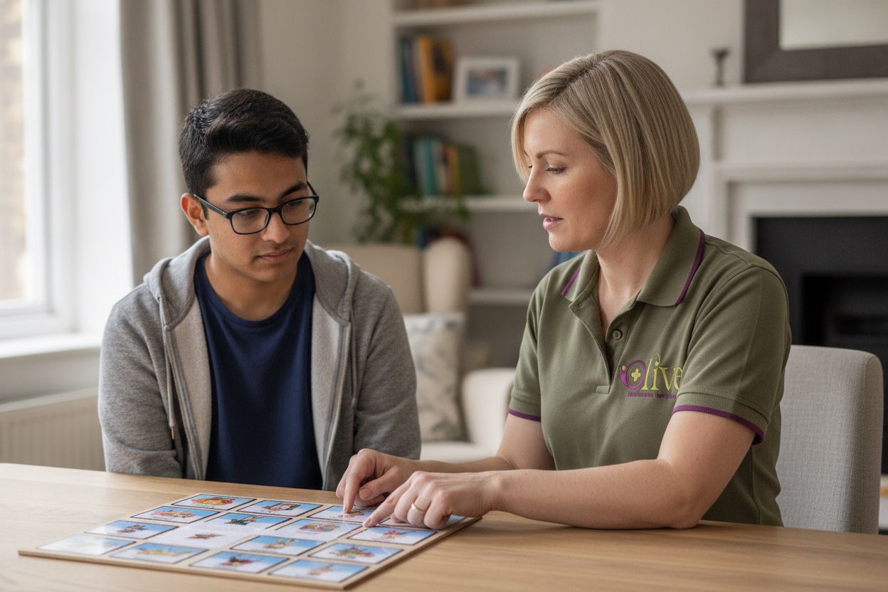 A support worker using a visual schedule with an adult.