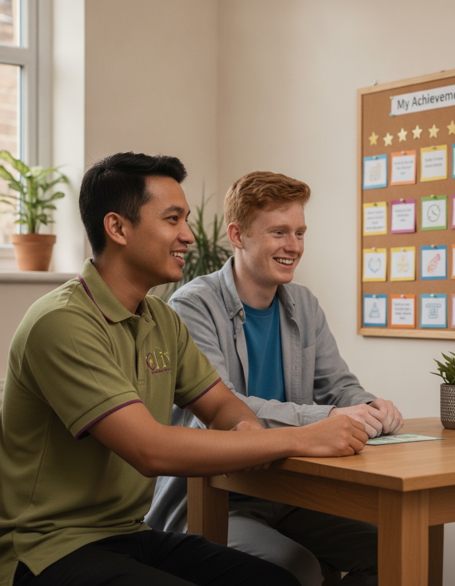 A support worker and a young adult planning personal goals together.
