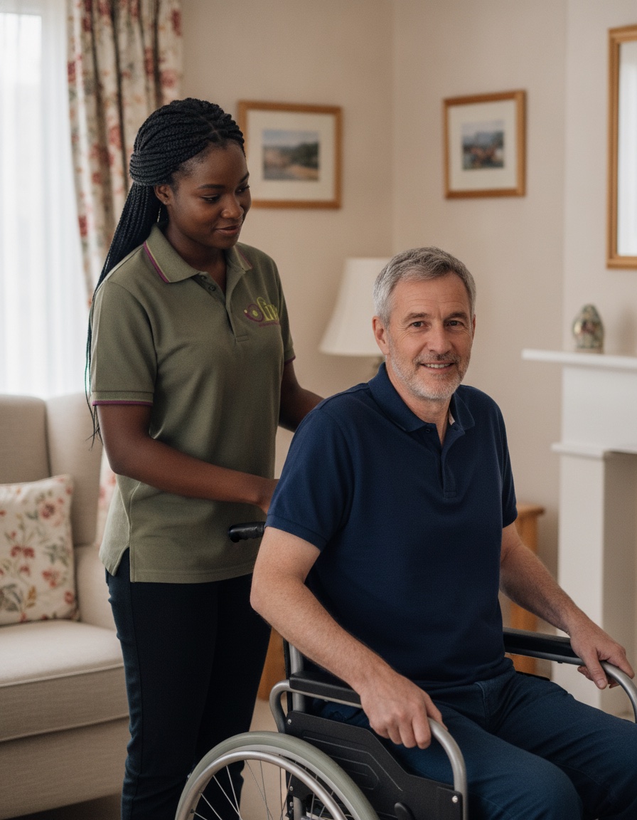 A carer assisting a safe transfer from a wheelchair to an armchair.