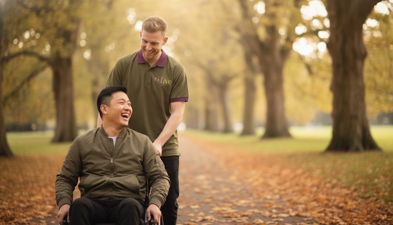 A support worker assisting an adult with a physical disability at home.