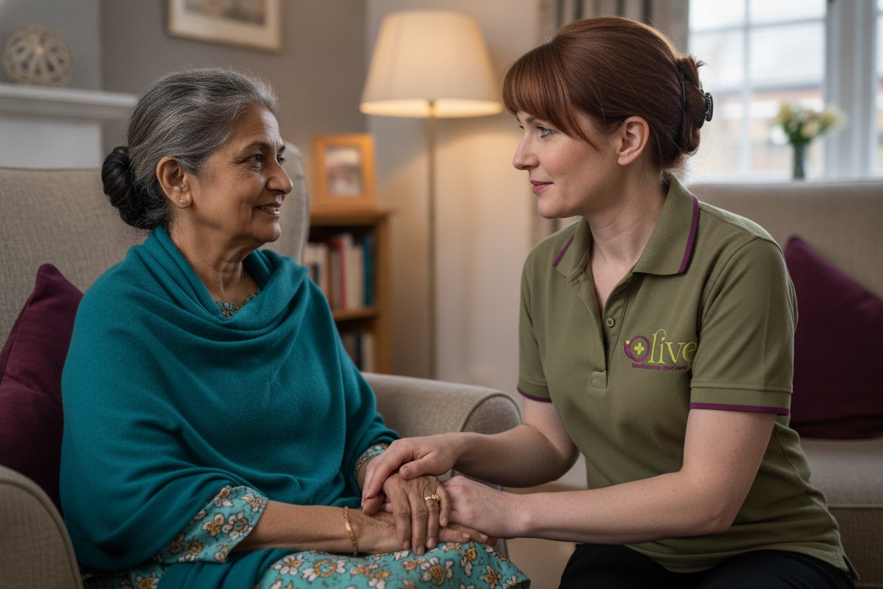 A carer reassuring an elderly client.