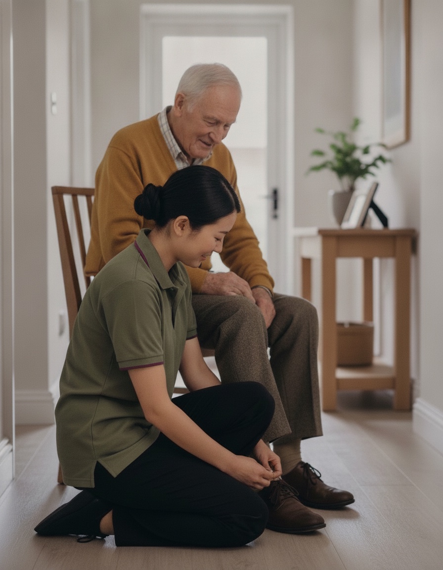 A carer helping an elderly man with dressing.