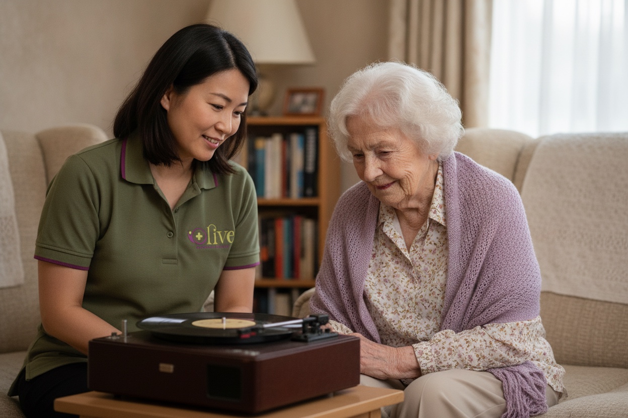 A carer and an elderly woman listening to records together at home.