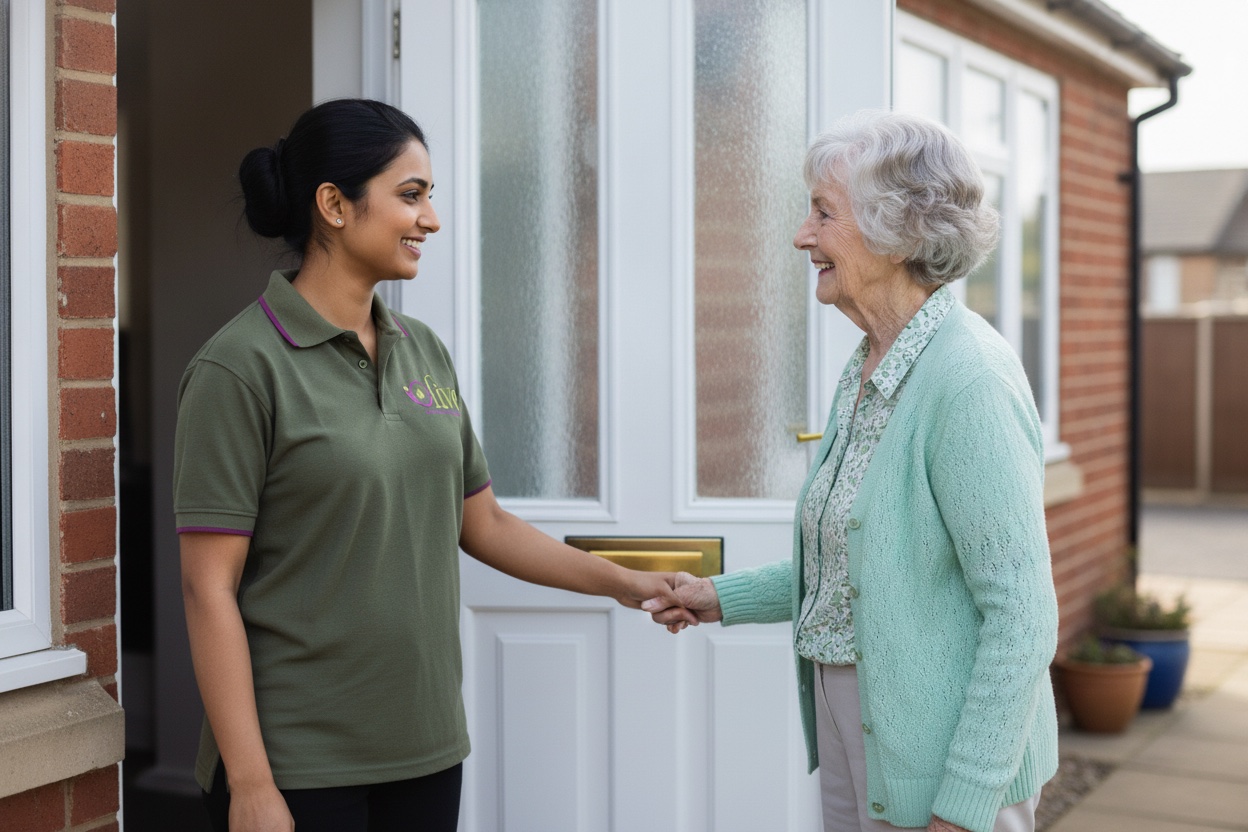 A carer being welcomed at an elderly woman's front door.