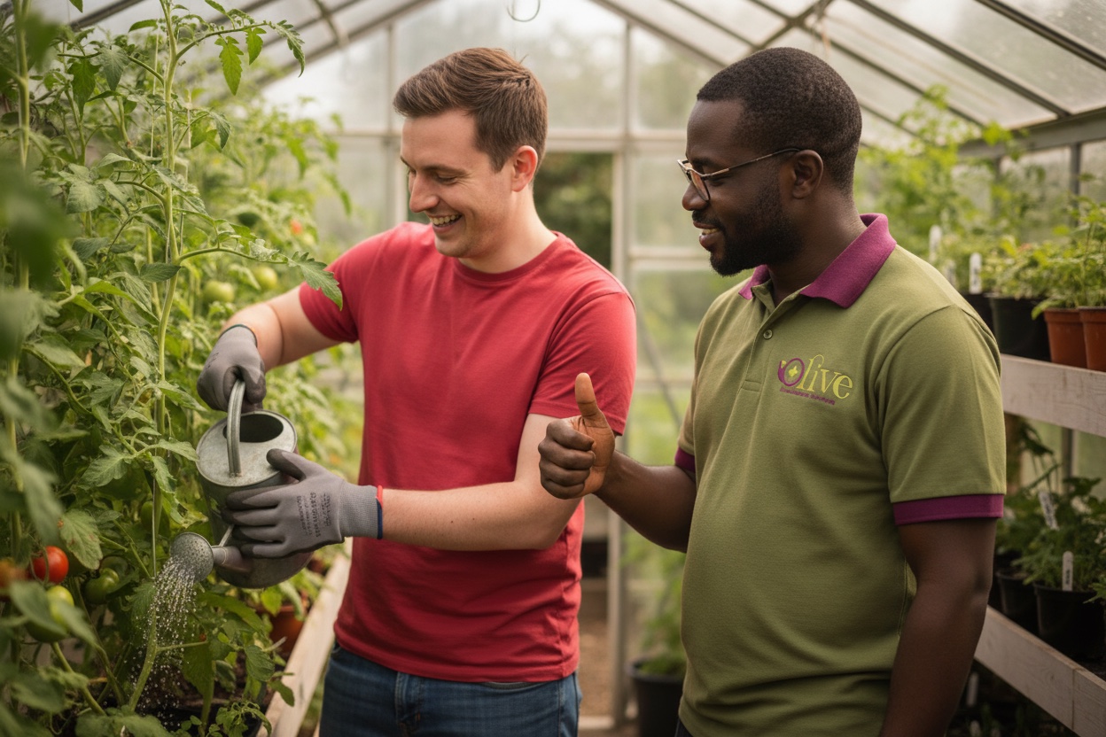 A young man gardening alongside a support worker.