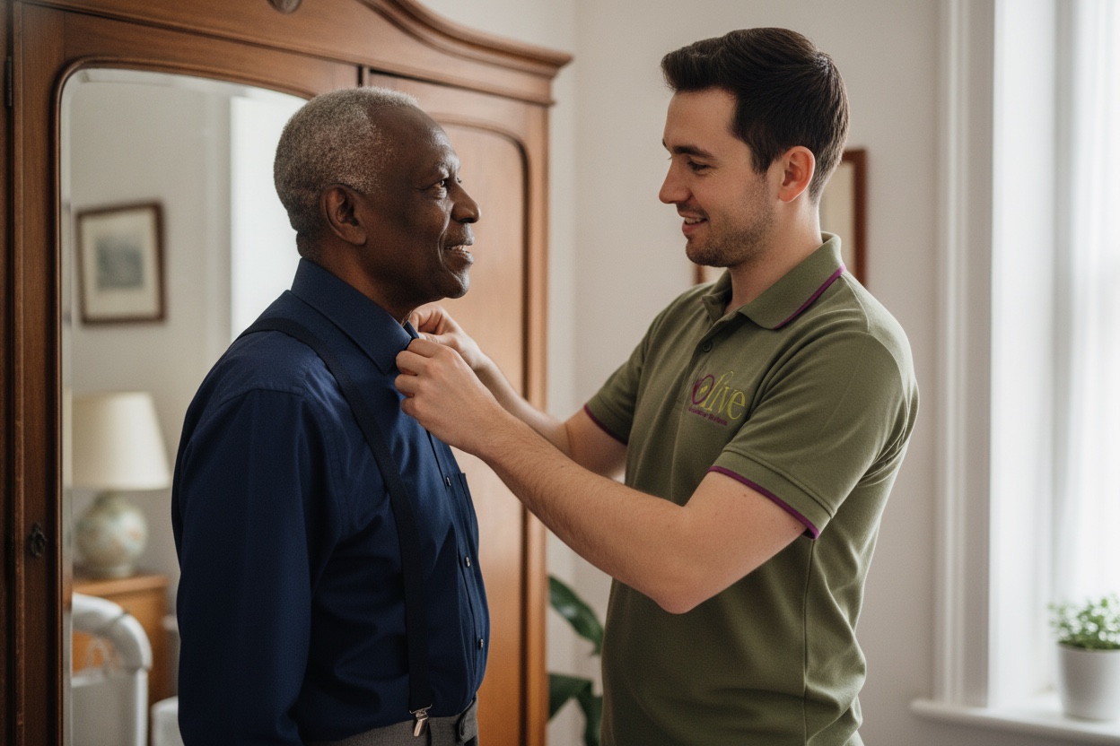 A carer helping an elderly man adjust his shirt collar.