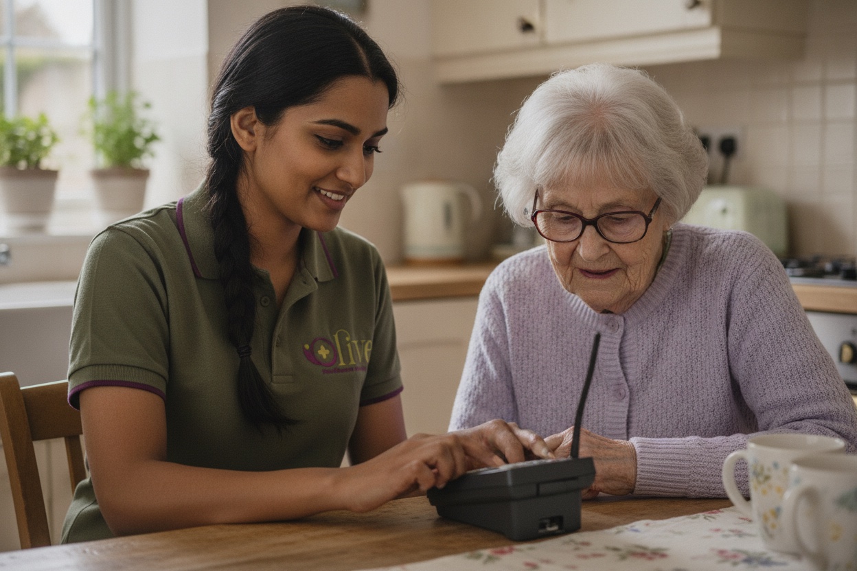 A carer helping a client with sight loss use accessible technology.