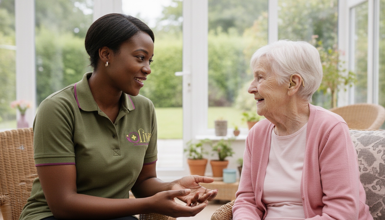 A carer communicating closely with an older person at home.