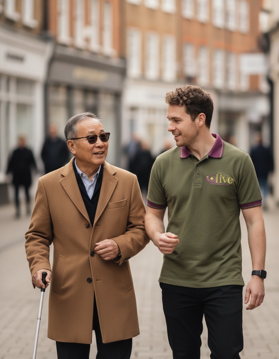 A carer guiding a man with sight loss along a high street.